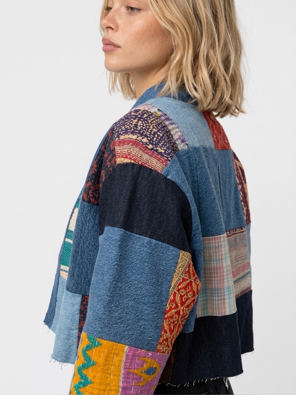 Tricia Fix Handmade Blue Patchwork Open-Front Cardigan